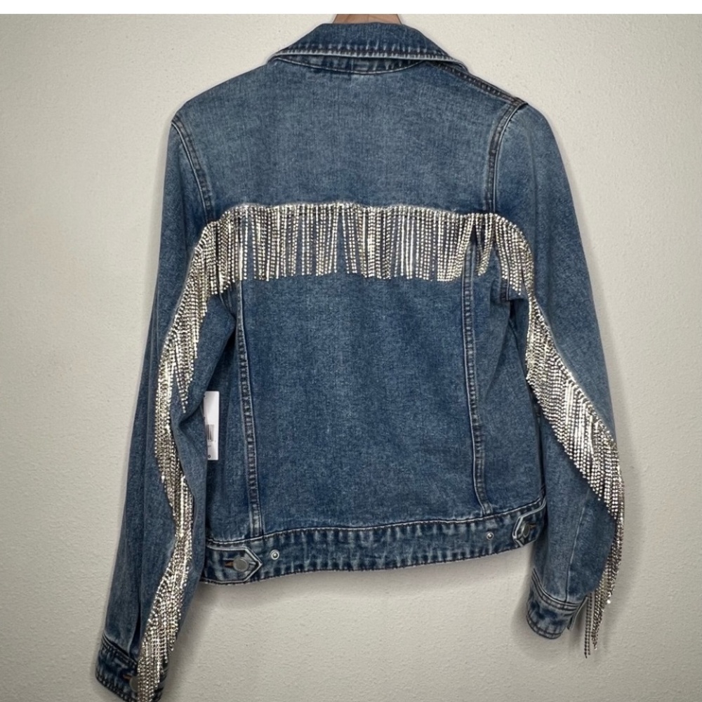 Blank‎ NYC Rhinestone Fringe Jean Jacket, size M NWT